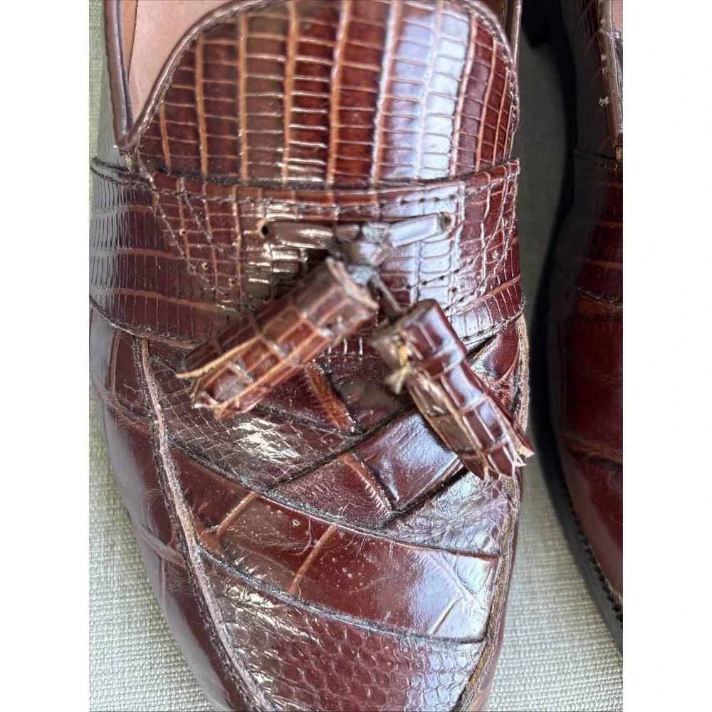 Stacy Adams Cognac Brown Snake Leather Tassel Loafer Dress Shoes Size 10 M